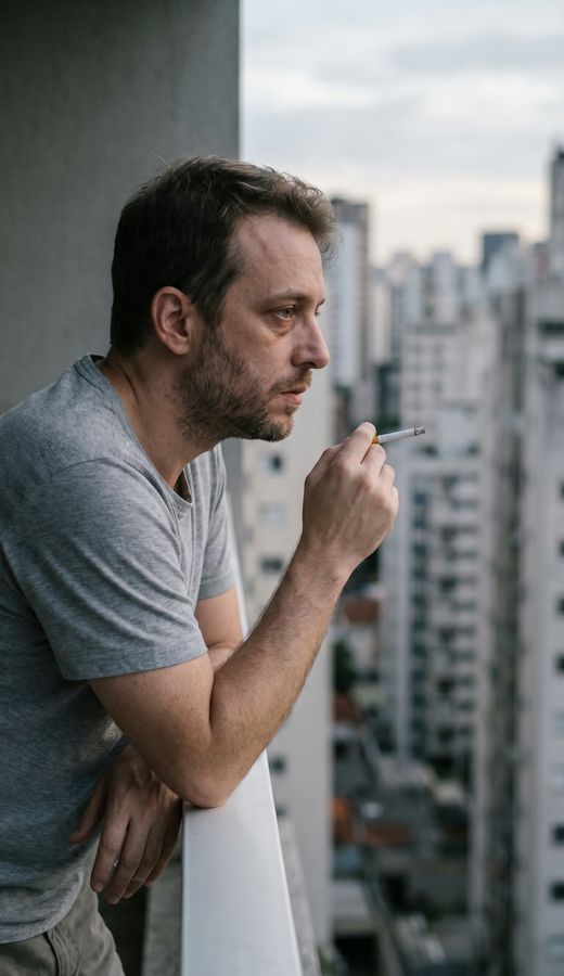 Homem sentado sozinho em uma varanda